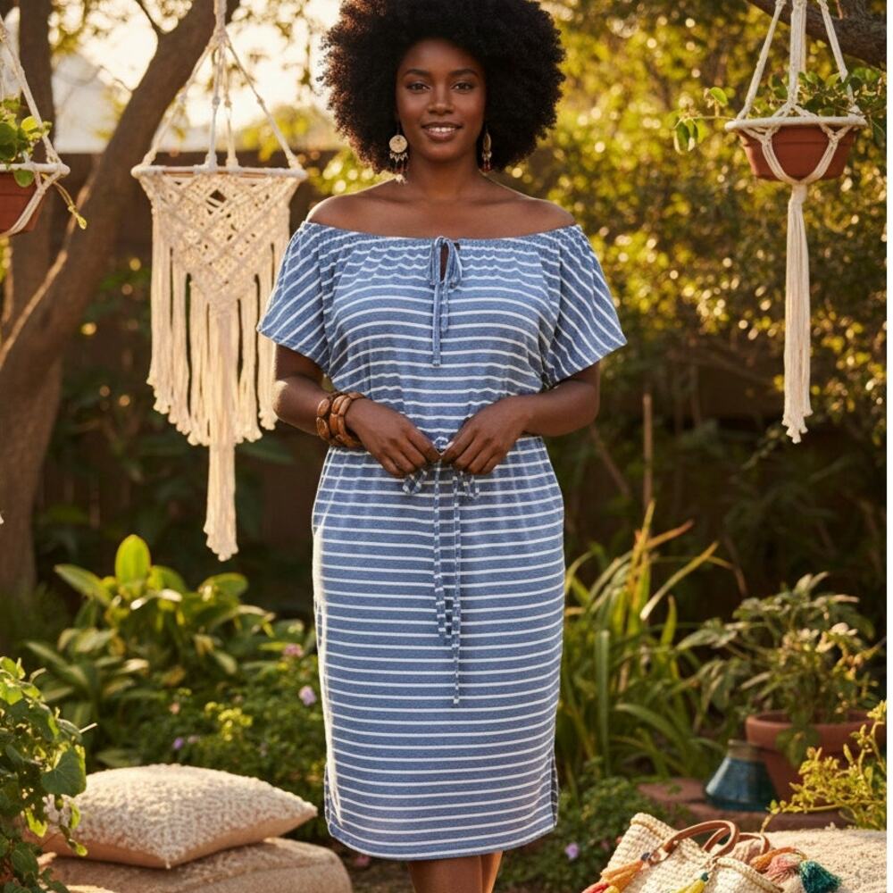 Heather Blue & White Striped Summer Midi Dress Off Shoulder Size 14 | Lascana